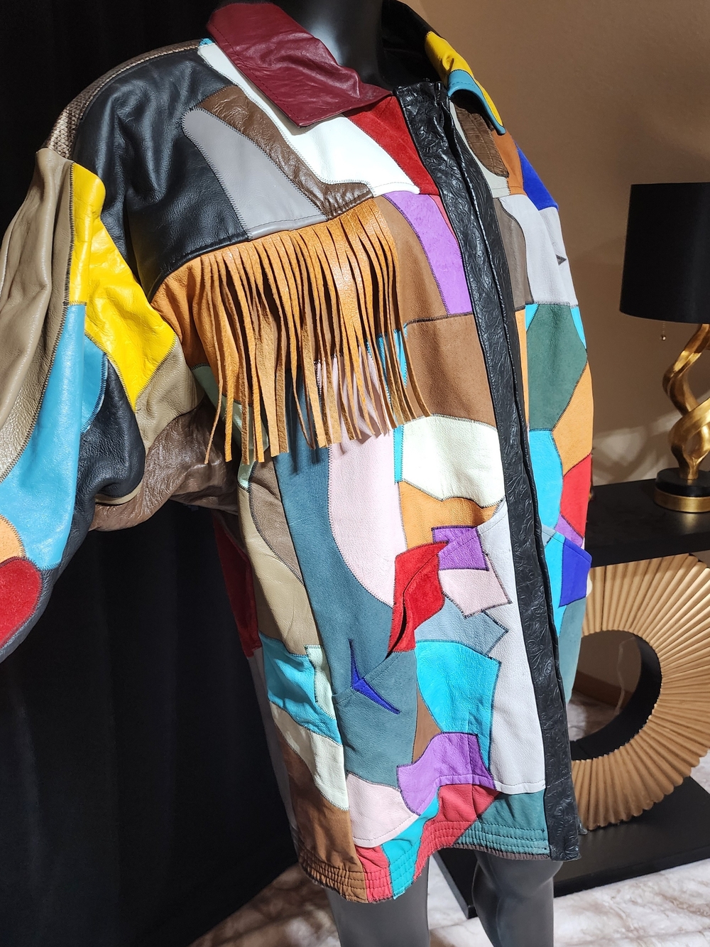 Vintage 80s Patchwork Leather Fringe Jacket Oversized Western Boho M/L - Picture 9 of 16